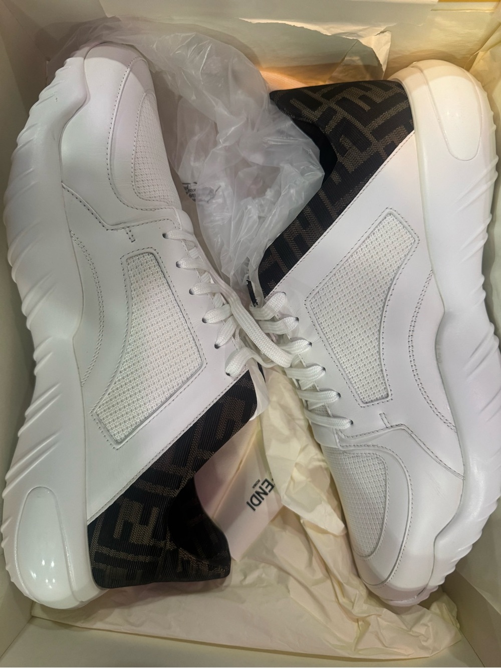 Fendi White Leather Sneakers with Brown FF Logo Heel